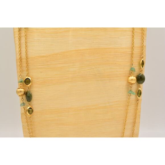 Premier Designs Vintage Station Necklace Green Bezel Brushed Gold Signed Bin2 - Picture 8 of 12